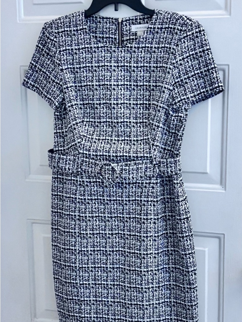 Calvin Klein Black & White Tweed Belted Midi Dress
